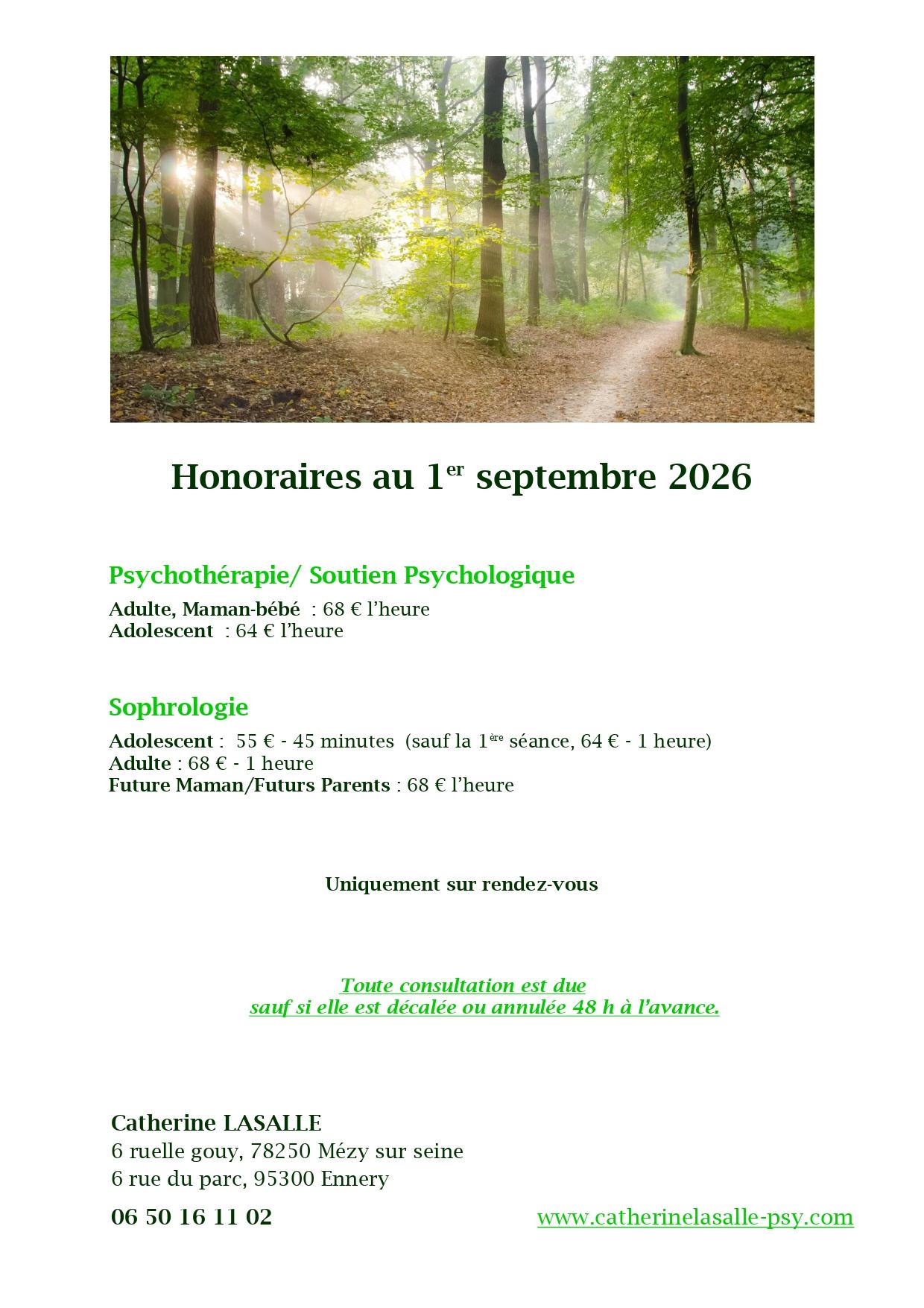 Honoraires Catherine Lasalle - Psychothérapie Sophrologie Meulan